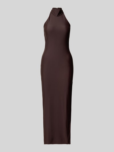 Produktfoto, ciemnobrązowe Slim Fit Abendkleid mit Stehkragen von Laona, krój slim fit, długość maxi, zamek w szwie, neckholder, długość tyłu w rozmiarze 36: 145 cm, szerokość w rozmiarze 36: 38 cm, gładka tekstura