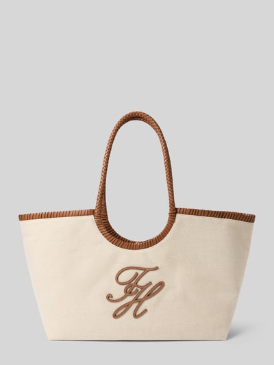 Produktfoto, torba shopper z czystego lnu od Tommy Hilfiger, efekt: jednolity kolor, bez zapięcia, główna przegroda, aplikacja z logo
