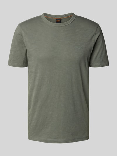 Produktfoto, Regular Fit T-Shirt aus strukturierter Baumwolle Modell 'TEGOOD' von BOSS Orange, kolor jednolity, krój regular fit, okrągły dekolt, krótki rękaw, czysta bawełna, nadruk z logo, tekstura lekko melanżowa, szaro-oliwkowy odcień