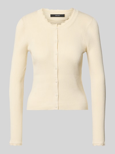 Produktfoto, Slim Fit Strickjacke aus Viskose-Mix Modell 'Wonder' von Vero Moda, Optik: Unifarben, Spitzen-Besatz, Rippstrick-Struktur, Rundhals, Langarm.