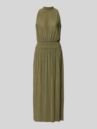 Produktfoto, Plisseekleid mit Smok-Details Modell 'UMA' von Samsøe Samsøe in Olivgrün, Material-Mix mit Stretch-Anteil, Taillierter Schnitt, Midikleid, Stehkragen, strukturierte Plissee-Oberfläche, Rückenlänge bei Größe S: 134 cm, Brustweite: 32 cm.