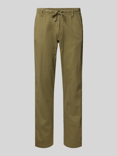 Produktfoto, Relaxed Fit Hose aus Baumwoll-Leinen-Mix Modell 'KANE' von Jack & Jones in Olivgrün mit elastischem Bund, Schnürung und Gesäßtaschen, strukturierte Oberfläche, Kontext: Herren Hose, Bundweite 42 cm, Innenbeinlänge 82 cm.