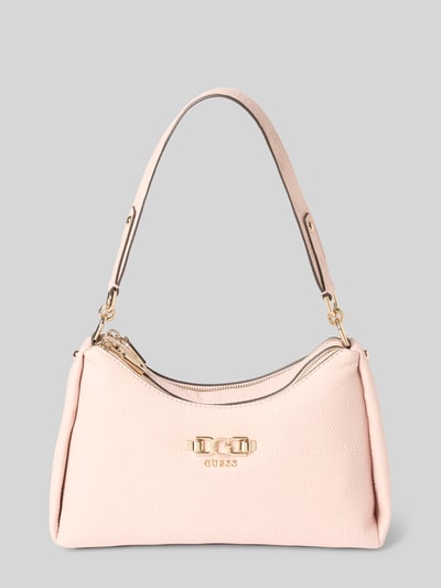 Produktfoto, Shoulder Bag in leerlook met logodetail model 'Anise' van guess, dames schoudertas met gedeeld hoofdvak met ritssluiting, schouderband, breedte maat 1: 30 cm, lengte 19 cm, diepte 8 cm, bandlengte 52 cm, lichtroze, goudkleurige hardware, subtiele textuur