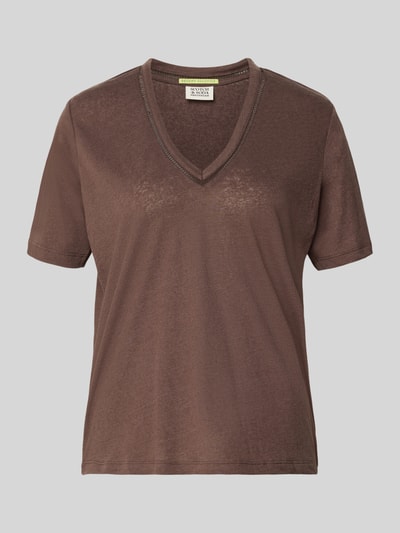 Produktfoto, Regular Fit T-shirt uit linnenmix met V-hals en gaatjesmotief van Scotch & Soda, dames, ruglengte maat S 62 cm, bruin