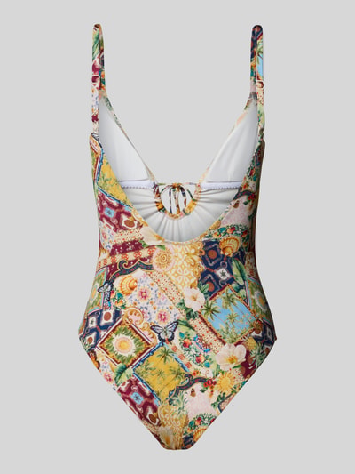 Produktfoto, Badeanzug mit tiefem V-Ausschnitt Modell 'TREASURED TROVE' von WATERCULT, bunte Farben, florale Muster, Material-Mix mit Stretch-Anteil, Schnürung, körpernahe Passform.