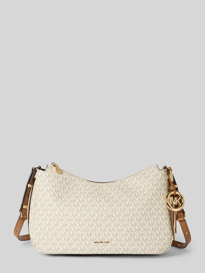 Produktfoto, Handtasche mit Logo-Muster Modell 'NOLITA' von MICHAEL Michael Kors in Weiß-Beige mit goldenen Details, Hauptfach mit Reißverschluss, strukturierte Oberfläche, Schulterriemen, Maße laut Kontext