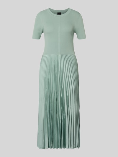 Productfoto, Regular Fit Businesskleid uit verschillende materialen model 'FADRIDI' van BOSS, uni mintgroen, ribgebreide top met korte mouw, midi lengte, ronde hals, plissérok uit satijn, dames, textuurmix