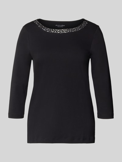 Produktfoto, Regular Fit Shirt aus reiner Baumwolle von Christian Berg Woman mit Ziersteinen, U-Boot-Ausschnitt, 3/4-Arm, einfarbig schwarz, glatte Textur, Kontext: Damen Shirt, reine Baumwolle, Rückenlänge bei Größe 36: 58 cm