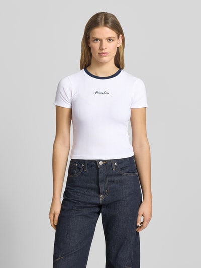 GUESS Jeans T-Shirt mit Rundhalsausschnitt und Label-Stitching Weiss 4