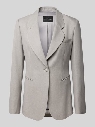 Produktfoto, Blazer mit Reverskragen und Brustleistentasche von Emporio Armani in hellem Grau, glatte Oberfläche, taillierter Schnitt, einzelne Knopfleiste, angedeutete Leistentaschen, Material-Mix mit Viskose-Anteil, elegantes Design.