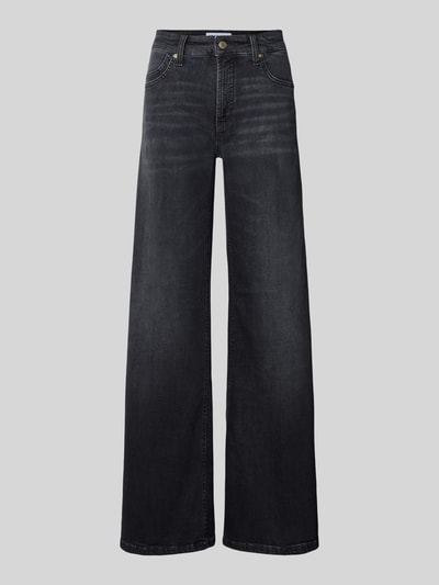 Productfoto, donkergrijze jeans met brede pijpen, rechte vormen, gladde katoentextuur, Wide & Loose Fit Jeans uit katoenmix model 'PALAZZO' van CAMBIO, dames wide & loose fit jeans