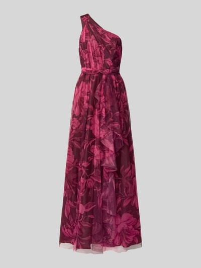 Produktfoto, Abendkleid mit One-Shoulder-Träger von Adrianna Papell in verschiedenen Rottönen, taillierte Passform, florale Struktur, Stoffgürtel, Raffungen, Rückenlänge 137 cm, Brustweite 40 cm