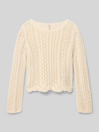 Produktfoto, Regular Fit Pullover aus Baumwoll-Mix Modell 'NOLA' von Only, Optik: Unifarben, Ajour-Strick, Farbe Creme, Muschelsaum und Rollsaum.