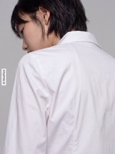 Frauenmodel trägt Regular Fit Langarmbluse aus Baumwoll-Mix von Tom Tailor in Weiß mit glatter Textur, Nahaufnahme Rückansicht, Damen Langarmbluse von Tom Tailor, KI-modifiziertes Bild.