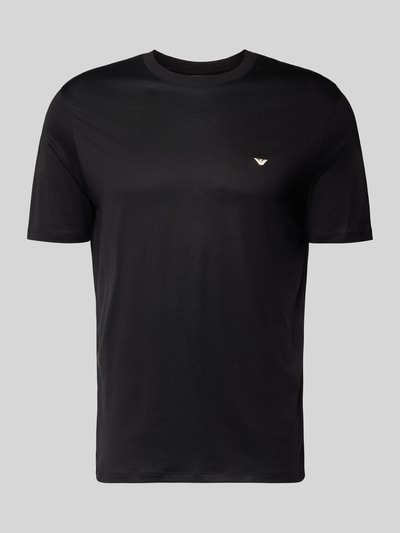 Produktfoto, schwarzes T-Shirt mit Label-Stitching von Emporio Armani aus Lyocell-Baumwoll-Mix, Regular Fit, gerippter Rundhalsausschnitt.