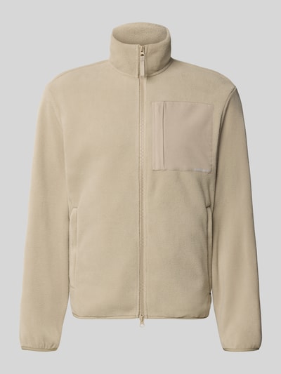 Produktfoto, Fleecejacke mit Zweiwege-Reißverschluss Modell 'MASON' von JACK & JONES in Beige mit Stehkragen, Logo und Eingrifftaschen, Regular Fit, Rückenlänge 66 cm, Ärmellänge 66 cm