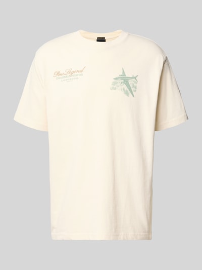 Produktfoto, Relaxed Fit T-Shirt mit Label-Prints und Rundhalsausschnitt von PME Legend, męski t-shirt z bawełny, krój relaxed fit, nadruki z logo, okrągły dekolt, długość tyłu w rozmiarze M: 70 cm, kolor jasnokremowy, gładka faktura