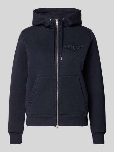 Produktfoto, Sweatjacke mit Zweiwege-Reißverschluss und Label-Stitching von Gant aus Baumwoll-Mix, Regular Fit, Kapuze mit Tunnelzug, Känguru-Tasche, dunkelblau, klare Nahtführung, glatte Textur