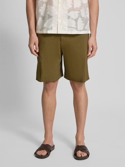 BOSS Regular fit linnen bermuda met steekzakken, model 'Peter' Olijfgroen - 4