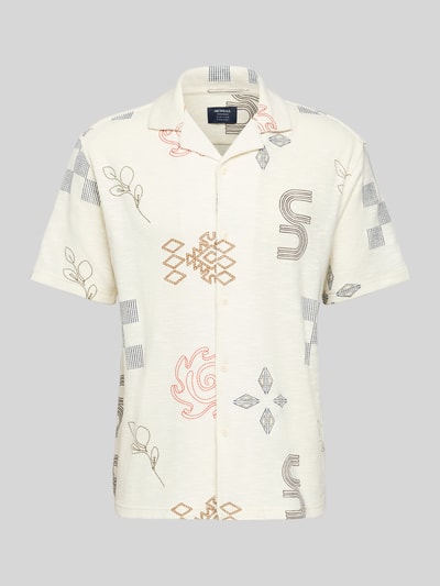 Produktfoto, Slim Fit Freizeithemd mit Allover-Motiv-Stitching von MCNEAL in Creme mit buntem Muster, Reverskragen, kurze Ärmel, reine Baumwolle.