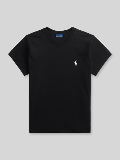 Produktfoto, schwarzes Regular Fit T-Shirt aus reiner Baumwolle von Polo Ralph Lauren, Damen T-Shirt, glatte Struktur, weiße Logo-Stickerei