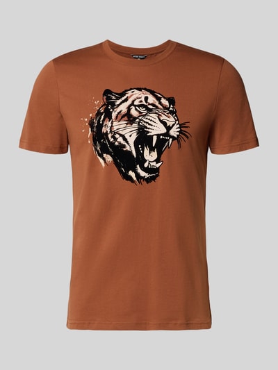 Produktfoto, Regular Fit T-Shirt mit Motiv-Print von Antony Morato in Braun, Baumwoll-Mix, Motiv-Print mit Tigerkopf, Rundhalsausschnitt, Rückenlänge 64 cm bei Größe M