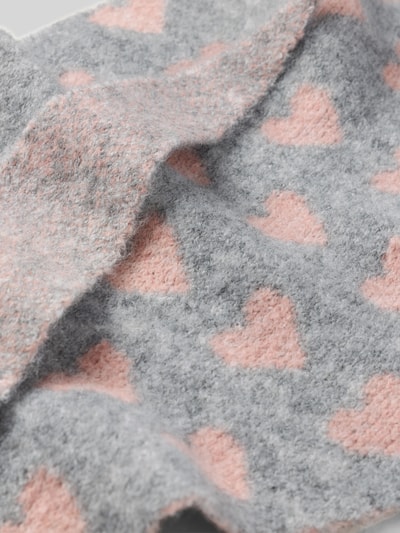 Produktfoto, Schal mit Woll-Anteil Modell 'Herz' von Kurt Beines im elastischen Material-Mix, grau mit rosa Herzen, Strick-Optik, Detailaufnahme