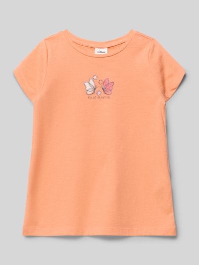 Produktfoto, Regular Fit T-Shirt aus reiner Baumwolle von s.Oliver RED LABEL in Unifarbe Orange mit Motiv-Print und Rundhalsausschnitt, kurze Ärmel, Jersey-Struktur