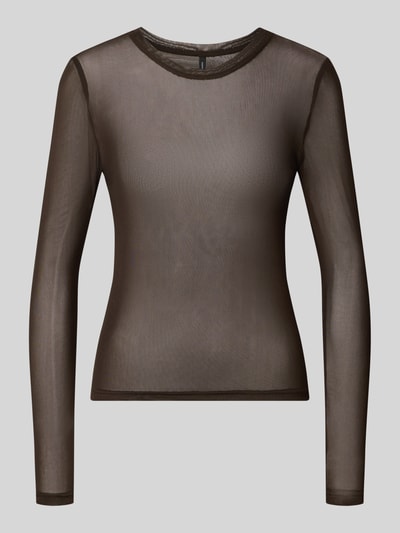 Produktfoto, transparant bruin slim fit shirt met lange mouwen en ronde hals, licht glanzende textuur, Slim Fit Langarmshirt mit Rundhalsausschnitt Modell 'LOVA' van VERO MODA, Dames
