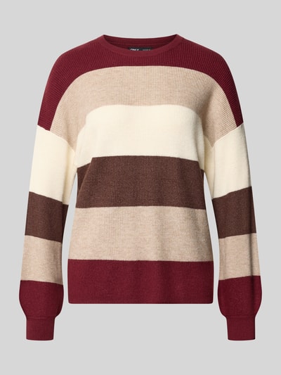 Produktfoto, Regular Fit Pullover aus Viskose-Mix Modell 'LATIA' von ONLY, breite Streifen in Rot, Beige, Creme und Braun, Damen Pullover von ONLY