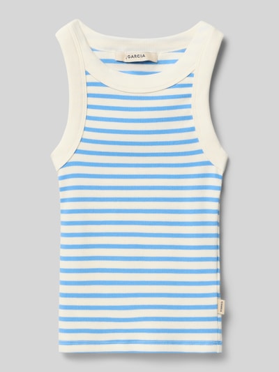 Produktfoto, Slim Fit Top mit Logo-Patch von Garcia, kinder Top aus elastischer Baumwollmischung mit Rundhalsausschnitt, blau-weiß gestreift, Rückenlänge bei Größe 140: 40 cm.