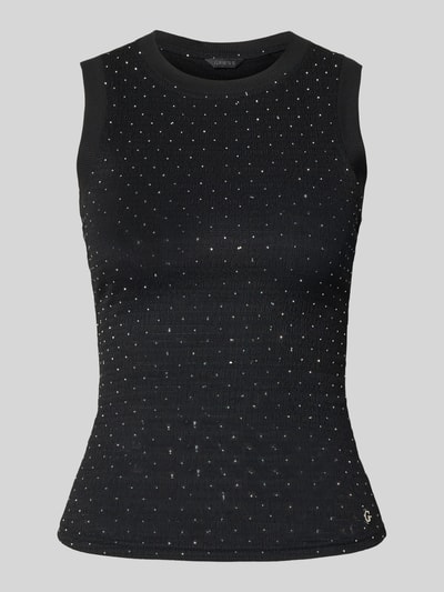 Produktfoto, schwarzes Top mit Ziersteinbesatz und Rundhalsausschnitt von Guess, Modell 'FRANCINE', Slim Fit, glatte Struktur.
