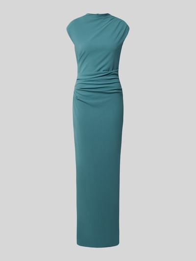 Produktfoto, Abendkleid mit Stretch-Anteil von SWING, elastyczna mieszanka materiałów, stójka, krój slim fit, długość do ziemi, marszczenia w talii, wszyty zamek błyskawiczny z tyłu, długość tyłu w rozmiarze 36: 149 cm, szerokość w rozmiarze 36: 44 cm, kolor morski, gładka faktura