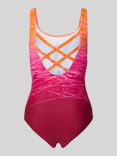 Produktfoto, Badeanzug mit rückseitigen Cut-Outs von LASCANA in Pink-Orange, Material-Mix mit Stretch-Anteil, Label-Detail, strukturierte Oberfläche