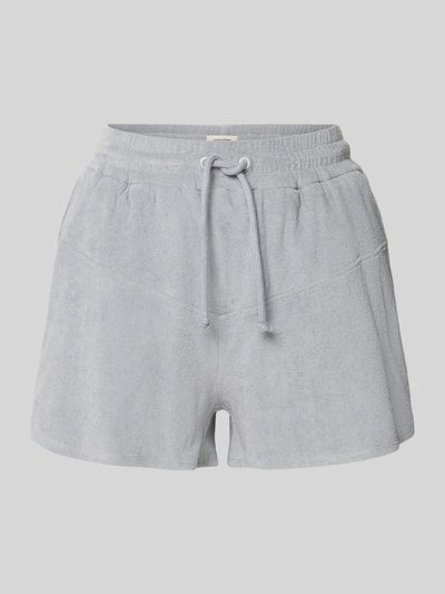 Produktfoto, Straight Fit Shorts mit Tunnelzug Modell 'Saha' von Drykorn, Strukturmuster, elastischer Bund, hellgrau, Vorderansicht.