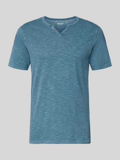 Productfoto, T-Shirt uit katoen model 'SPLIT' van Jack & Jones in recht fit, blauwe kleur, V-hals met knoopsluiting, maat M ruglengte 67 cm