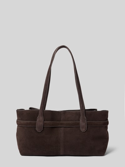 Produktfoto, Handtasche aus echtem Leder mit Zier-Applikation von MANGO in Dunkelbraun, rechteckig, mit Schulterriemen, glatte Textur, Hauptfach mit Magnetverschluss, Innenfach mit Reißverschluss, 37×18×11 cm, Länge Schulterriemen 58 cm