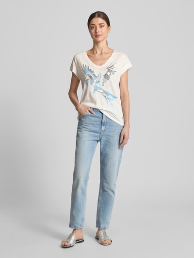 monari T-shirt met geribde ronde hals Offwhite - 1