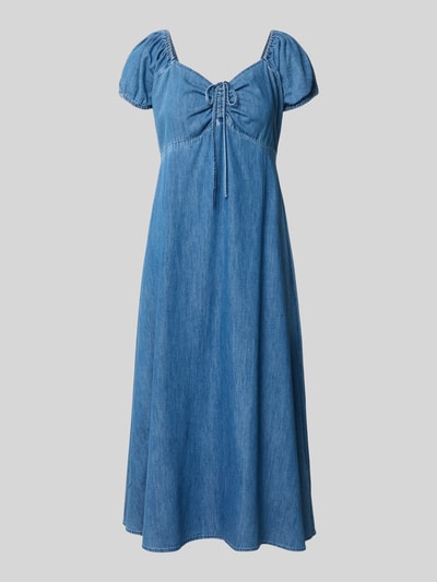Productfoto, Midikleid mit Puffärmeln van GAP in blauw denim, getailleerde fit, hartvormige halslijn, plooien, striksluiting, ruglengte 102 cm, borstbreedte 40 cm, mouwlengte 12 cm