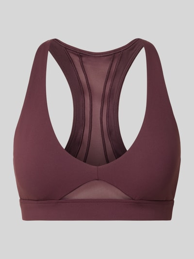 Produktfoto, Sport BH mit semitransparenten Partien Modell 'Pureluxe' von Fabletics, bordeaux, glattes Material, elastischer Material-Mix, eng anliegend