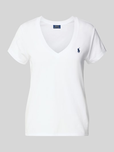 Productfoto, T-Shirt met Label-Stitching van Polo Ralph Lauren in wit katoen, rechte snit, geribde V-hals, eenvoudig tekstuur.
