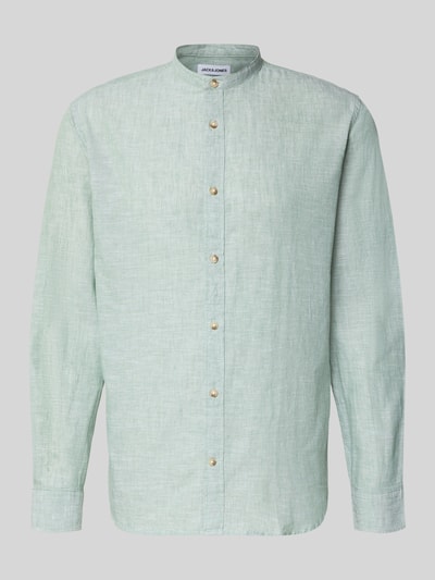 Produktfoto, Regular Fit Freizeithemd aus Baumwoll-Leinen-Mix von Jack & Jones in hellem Mintgrün, Stehkragen, Knopfleiste, glatte Textur