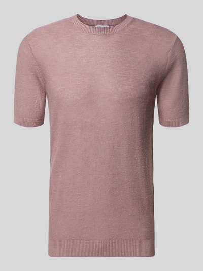 Produktfoto, Slim Fit T-Shirt aus Leinen-Mix in Strick-Optik von Antony Morato, męski t-shirt, mieszanka lnu i wiskozy, krój slim fit, imitacja dzianiny, okrągły dekolt, krótki rękaw, elastyczne wykończenia, długość tyłu w rozmiarze M: 72 cm