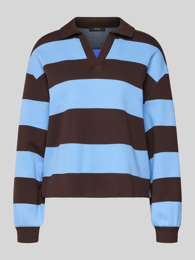 Productfoto, Sweatshirt met omgeslagen kraag model 'Glocki' van OPUS, dames, katoen-elastaan mix, rechte snit, bruine en lichtblauwe strepen, elastische boorden.