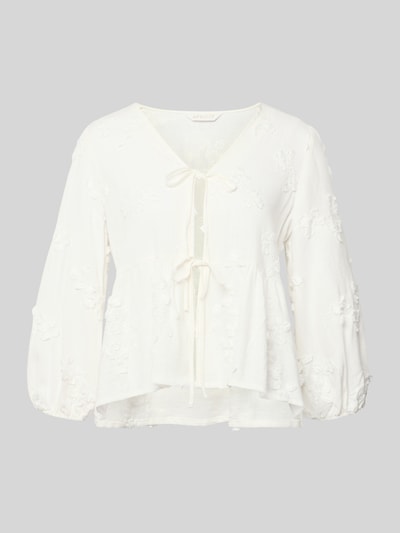 Produktfoto, Regular Fit Bluse aus Viskose-Leinen-Mix mit Schnürung von Apricot, witte blouse met V-hals, stitchings, dames, ruglengte maat S 56 cm, mouwlengte maat S 49 cm
