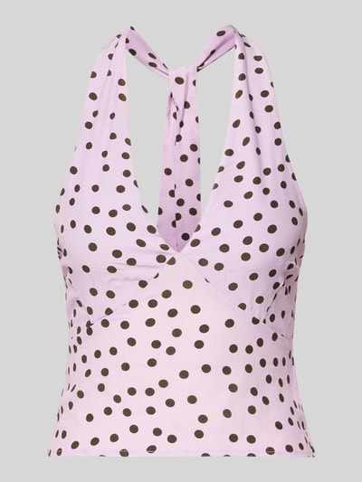 Produktfoto, Neckholder-Top aus Viskose im Allover-Look Modell 'Fleur' von LeGer, rosa mit braunen Punkten, Slim Fit, V-Ausschnitt, feine Textur