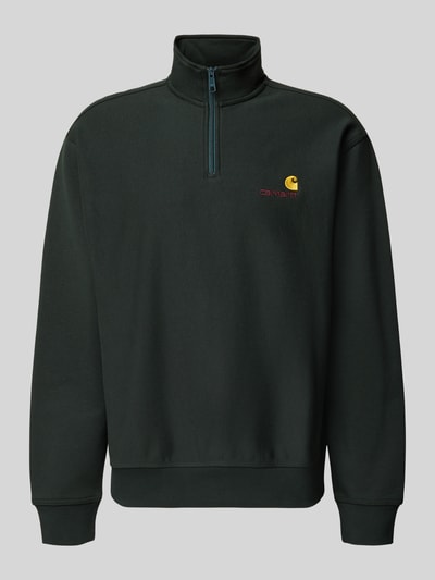 Productfoto, Relaxed Fit Sweatshirt aus elastischem Material-Mix van Carhartt Work In Progress, zwarte kleur, Troyer-kraag, labeldetail, elastische boorden, heren sweat, lengte rug 70 cm, mouwlengte 66 cm