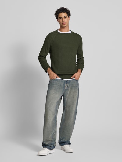 JACK & JONES Sweter z dzianiny z okrągłym dekoltem model ‘PANNEL’ Ciemnozielony 1