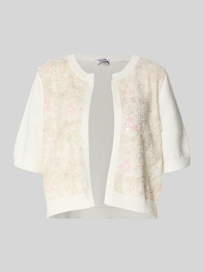 Produktfoto, Regular Fit Cardigan mit floralem Design von More & More aus Baumwoll-Mix, Ziersteinbesatz, florales Muster, Halbarm, elastische Abschlüsse, Farbe Weiß und Creme, Rückenlänge bei Größe 36: 52 cm, Ärmellänge: 30 cm