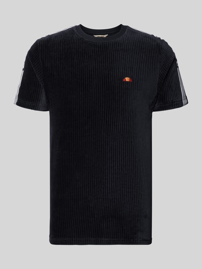 Produktfoto, Herren T-Shirt mit Rundhalsausschnitt aus schwarzem Baumwoll-Mix mit Stretch-Anteil, Logo, Modell 'MADORI' von Ellesse, Regular-Fit, Rückenlänge bei Größe M 66 cm, feine Struktur, dezentes Streifenmuster.